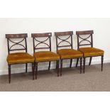 set four George III mahogany dining chairs, moulded top rail above curved X frame back,