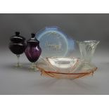 Art Deco opalescent glass dish moulded with Swans by Julien, L31cm, Walther & Sohne 'Greta' vase,