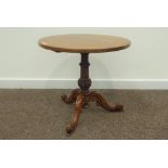 Victorian style oak pedestal table, circular top, three splayed scroll carved supports, D56cm,