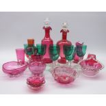 Early 20th century and later cranberry glass including decanters, vases,