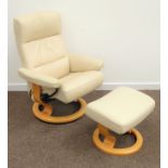 Ekornes 'Stressless' reclining and swivel armchair and matching footstool,