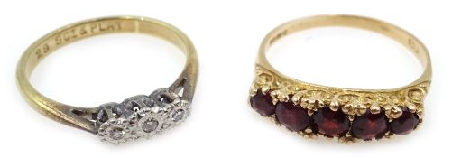 Gold five stone garnet ring, hallmarked 9ct and three stone diamond illusion set ring,