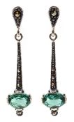 Pair of silver green tourmaline and marcasite pendant earrings,