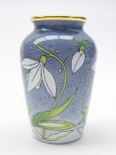 Small Moorcroft enamel vase decorated with Snowdrop's designed by Rachel Bishop, boxed H7.