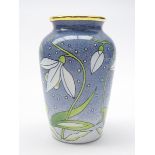 Small Moorcroft enamel vase decorated with Snowdrop's designed by Rachel Bishop, boxed H7.