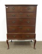 Georgian oak chest on stand, two short and three long drawers to upper section,