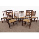 Matched set eight early 19th century county elm ladder back dining chairs with rush seats,