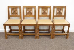 'Fishman' set four oak lattice back dining chairs with upholstered studded leather seats,