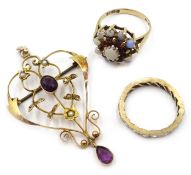 Gold amethyst and seed pearl pendant brooch, stamped 9ct, opal and garnet cluster ring,