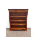 Reproduction mahogany bow front bookcase, three adjustable shelves, bracket feet, W91cm, H107cm,