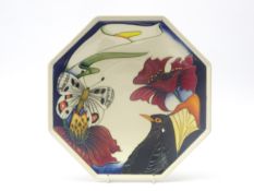 Moorcroft Designers Medley octagonal plate with bird, butterfly and stylized flowers,