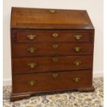 18th century oak bureau, fall front enclosing fitted interior, four long graduating drawers,