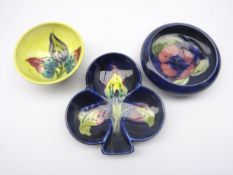 Moorcroft Clover shaped dish and yellow ground dish decorated in the 'Arum Lily' pattern & a small