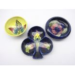 Moorcroft Clover shaped dish and yellow ground dish decorated in the 'Arum Lily' pattern & a small