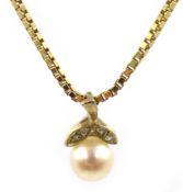 Gold pearl and diamond pendant on box link chain necklace,