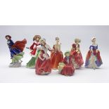 Seven Royal Doulton figures; Wintertime, Christmas Morn, Phyllis, Linda, Top O' The Hill,