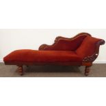 Victorian mahogany chaise longue, scrolled back, carved with leaves and berries,