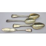 Matched pair George III fiddle pattern serving spoons by William Sumner, London 1788 and 1800,