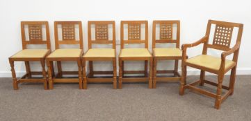 'Mouseman' set six (5+1) oak dining chairs, carved lattice backs, hide upholstered seats,