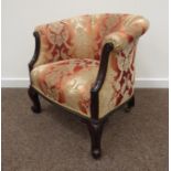 19th century mahogany framed tub shaped armchair, upholstered in Damask,