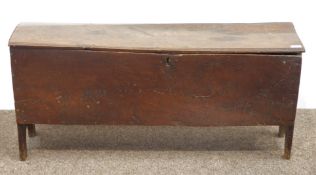17th century oak plank coffer, hinged lid with moulded front edge, W113cm, H48cm,