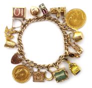 Gold curb chain bracelet, stamped 9 375, with thirteen 9ct gold charms, hallmarked,