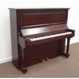 Late 20th century 'Bremar' mahogany cased upright piano, iron framed and overstrung, W148cm, H131cm,