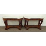 Pair Victorian mahogany Duchess washstands, shaped white and grey veined marble top,