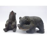 Blackforest style carved wood bear with fish (L29cm) and similar seated bear (2)