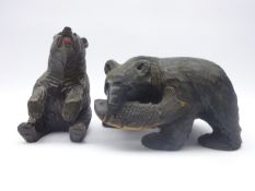 Blackforest style carved wood bear with fish (L29cm) and similar seated bear (2)