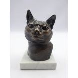 Sally Arnup (1930-2015) patinated bronze study of a Cats head on square marble plinth,