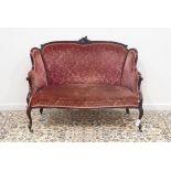 Victorian mahogany settee, shaped back carved with cartouche,
