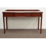 Reproduction mahogany bow front serving table, moulded table above three drawers, tapering supports,