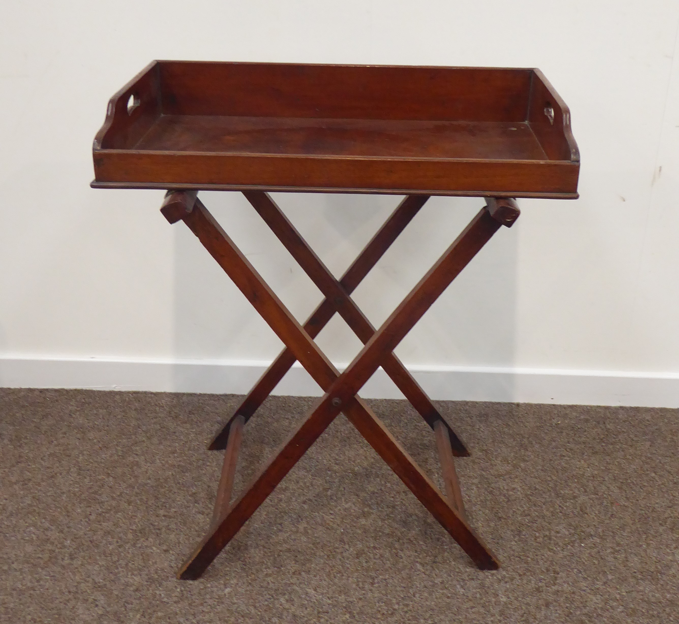 Georgian mahogany twin handled butlers tray on folding stand, W70cm,