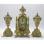 French gilt metal clock with garniture, urn finial above circular Arabic dial,