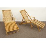 Pair light oak folding garden sun loungers with removable foot rests Condition Report &