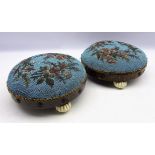 Pair Victorian circular bead work footstools, decorated with floral sprays,