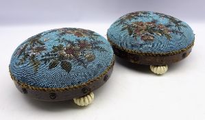 Pair Victorian circular bead work footstools, decorated with floral sprays,