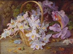 Vincent Clare (British 1855-1930): Still life basket of flowers, oil on canvas signed, 29cm x 21.