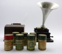 Edison Gem phonograph with tin horn in oak case and with cylinders No.