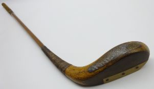 F H Ayres beech long nose putter stamped on head and on hickory shaft L90cms