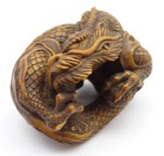 Japanese carved wood netsuke in the form of a dragon with 'Masanao' signature W4cms
