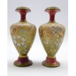 Pair of Doulton Lambeth baluster vases with floral chine design with red and green glazed collar