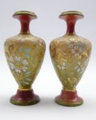 Pair of Doulton Lambeth baluster vases with floral chine design with red and green glazed collar