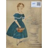 Unsigned watercolour and pencil portrait of a young lady wearing a green dress standing in a garden