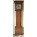 18th century oak longcase clock, projecting cornice over square hood,