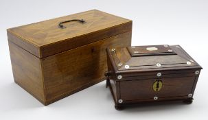 Sheraton period mahogany tea caddy, hinged lid with segmented veneers with lozenge inlay,