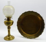 Brass table oil lamp with circular foot and etched glass shade H64cms overall and an Eastern
