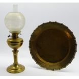 Brass table oil lamp with circular foot and etched glass shade H64cms overall and an Eastern