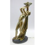 Large Art Deco gilded chalk ware table lamp in the form of a nude lady signed G.